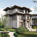 Two Story Modern Chinese Detached Villa Exterior Design With Landscaped Garden And Greenery