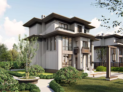 Two Story Modern Chinese Detached Villa Exterior Design With Landscaped Garden And Greenery 3d model