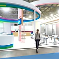 DSM Exhibition Booth Modern Design With Curved Canopy Colorful Stripe Counters And Digital Screens