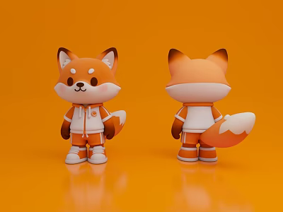 Cute Orange And White Fox Toy With Hoodie Front And Back View On Orange Background 3d model