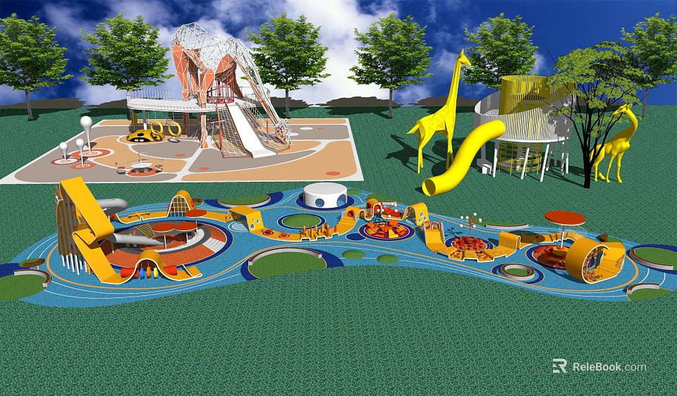 Kids Playground With Colorful Slides Giraffe Shaped Structures Circular Play Areas And Green Lawn 3d model 
