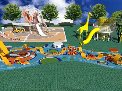 Kids Playground With Colorful Slides Giraffe Shaped Structures Circular Play Areas And Green Lawn 3d model