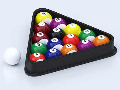 Colorful Billiard Balls Arranged in Black Triangle Rack With White Cue Ball 3d model