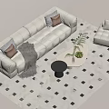 Modern Minimalist Sofa Coffee Table Set With Pillows Throw Blanket And Geometric Pattern Rug 3d model