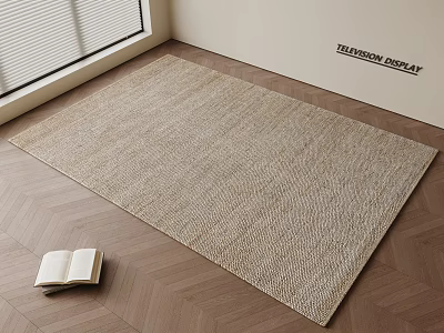 Round Woven Neutral Beige Rug On Wooden Floor With Open Book And Window Blinds 3d model
