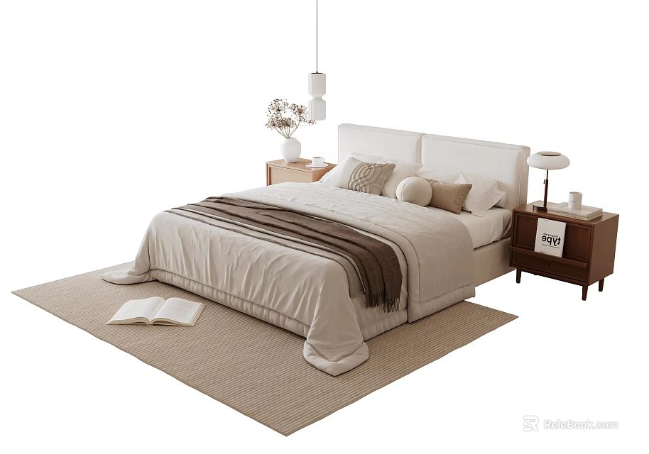 Modern Double Bed with Beige Bedspread Pillows Nightstand Table Lamp and Rug 3d model