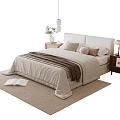 Modern Double Bed with Beige Bedspread Pillows Nightstand Table Lamp and Rug 3d model