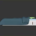 Modern Bed with Blue Bedspread White and Wooden Headboard and Integrated Side Units