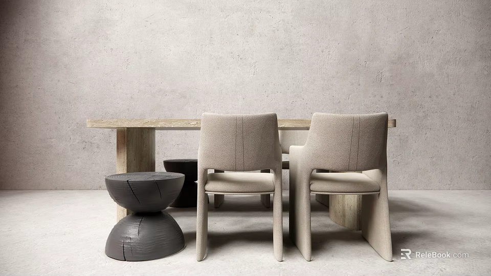 Modern Wooden Dining Table Set with Beige Upholstered Chairs and Black Stools 3d model 