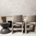 Modern Wooden Dining Table Set with Beige Upholstered Chairs and Black Stools