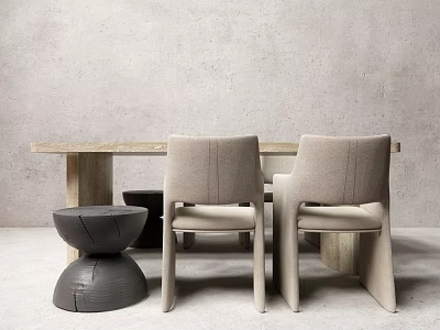 Modern Wooden Dining Table Set with Beige Upholstered Chairs and Black Stools 3d model