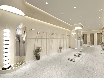 Modern Clothing Store Interior With Clothing Racks Mannequin Plants And Bright Lighting 3d model