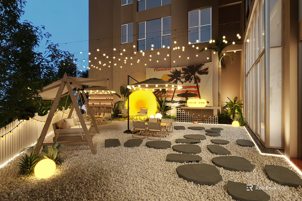 Outdoor Garden Landscape With String Lights Stone Path Swing Seating And Green Plants 3d model 
