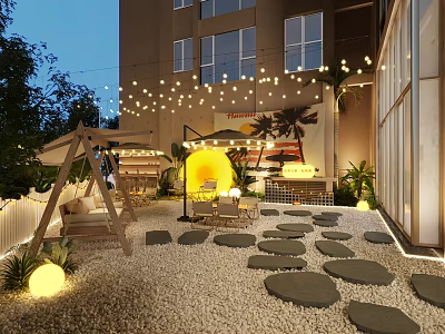 Outdoor Garden Landscape With String Lights Stone Path Swing Seating And Green Plants 3d model