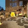 Outdoor Garden Landscape With String Lights Stone Path Swing Seating And Green Plants