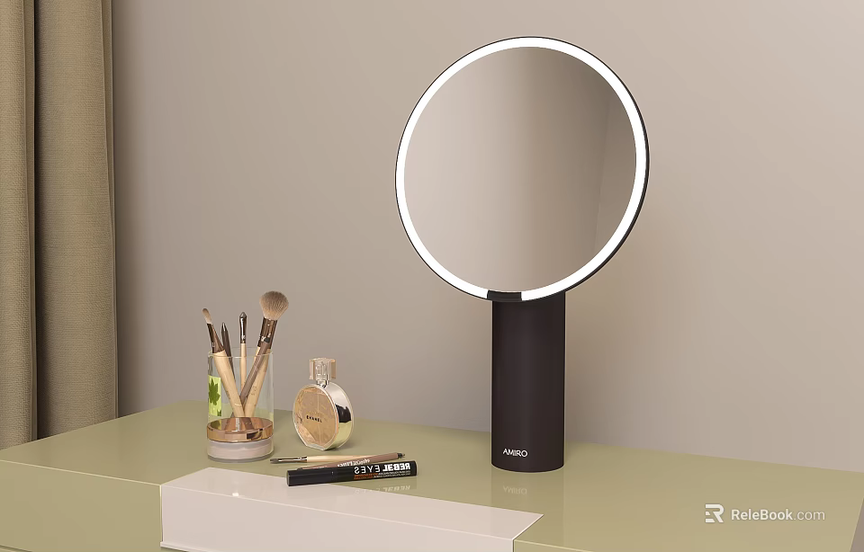 Modern Dressing Table With Lighted Ring Vanity Mirror Makeup Brushes Perfume Bottle Lipstick And Organizer 3d model