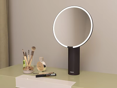 Modern Dressing Table With Lighted Ring Vanity Mirror Makeup Brushes Perfume Bottle Lipstick And Organizer 3d model