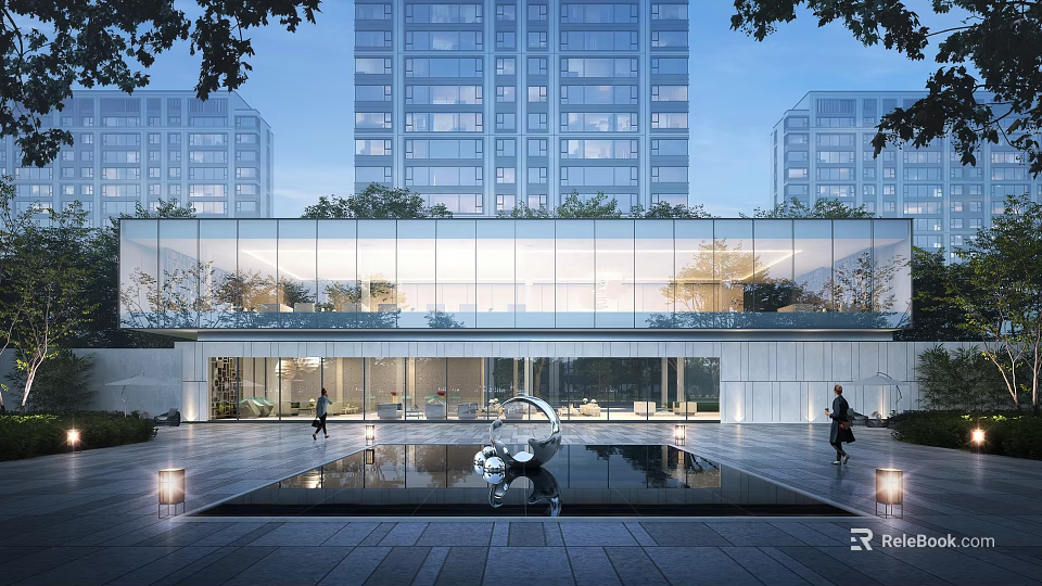 Contemporary Modern Building Exterior Featuring Glass Curtain Wall Water Pool Sculpture Pedestrians And Trees 3d model 