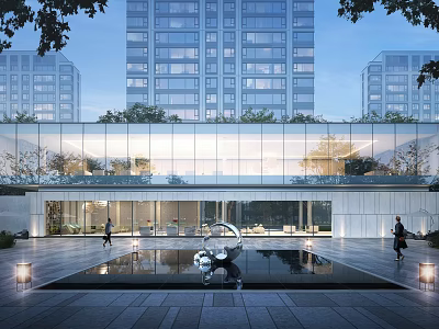 Contemporary Modern Building Exterior Featuring Glass Curtain Wall Water Pool Sculpture Pedestrians And Trees 3d model