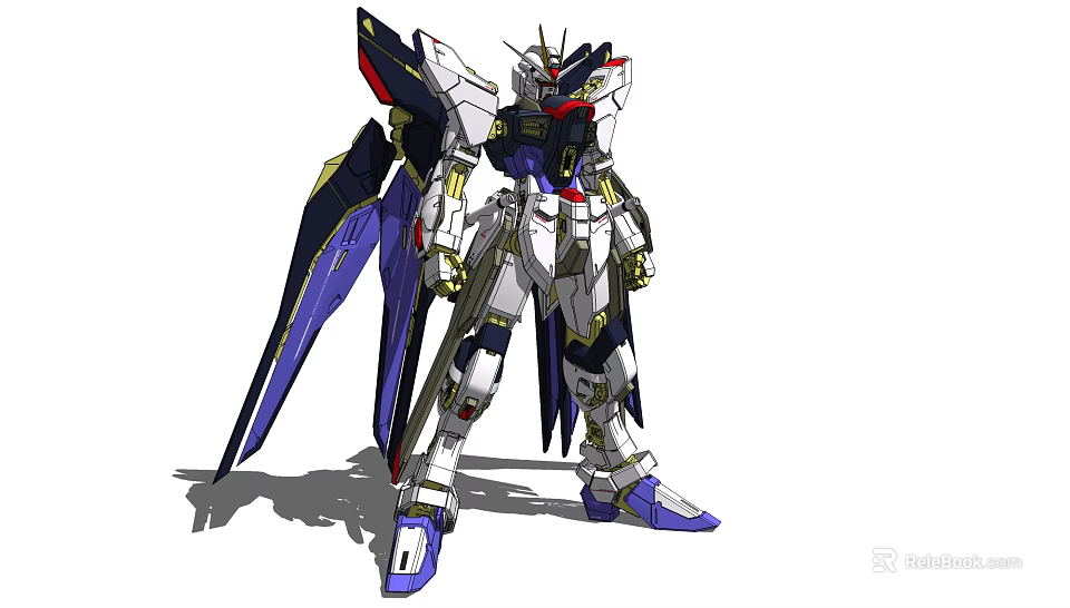 White And Purple Gundam Model With Golden Details And Large Mechanical Wings 3d model 