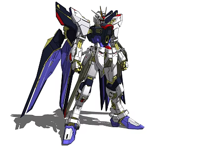 White And Purple Gundam Model With Golden Details And Large Mechanical Wings 3d model