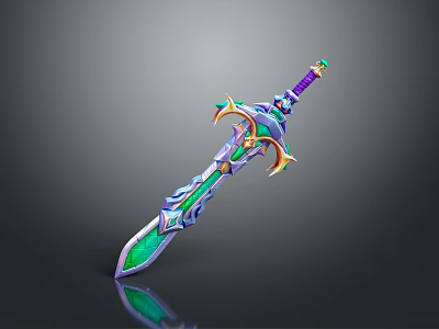 Fantasy Ornate Sword Weapon With Green Purple Decorations And Glowing Details 3d model