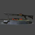 Military Firearm with Stacked Bullets and Scattered Ammo on Metallic Platform Surface