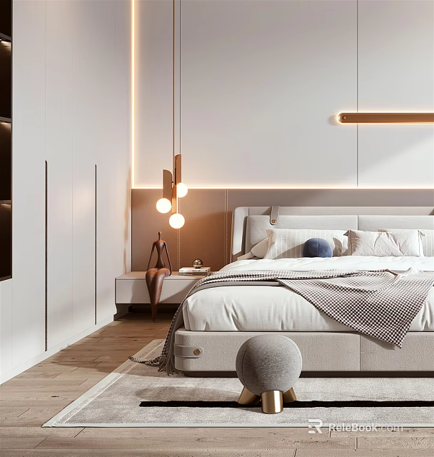 Modern Minimalist Bedroom Interior With Bed Nightstand Pendant Lights And Decorative Pillows 3d model 