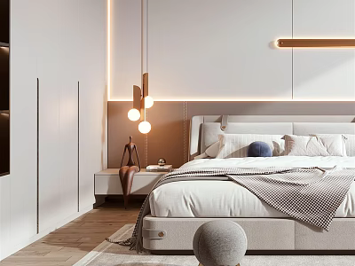 Modern Minimalist Bedroom Interior With Bed Nightstand Pendant Lights And Decorative Pillows 3d model