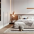 Modern Minimalist Bedroom Interior With Bed Nightstand Pendant Lights And Decorative Pillows
