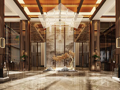 Luxurious Front Desk Reception With Elegant Chandelier Marble Floor And Wooden Decorations 3d model