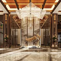 Luxurious Front Desk Reception With Elegant Chandelier Marble Floor And Wooden Decorations