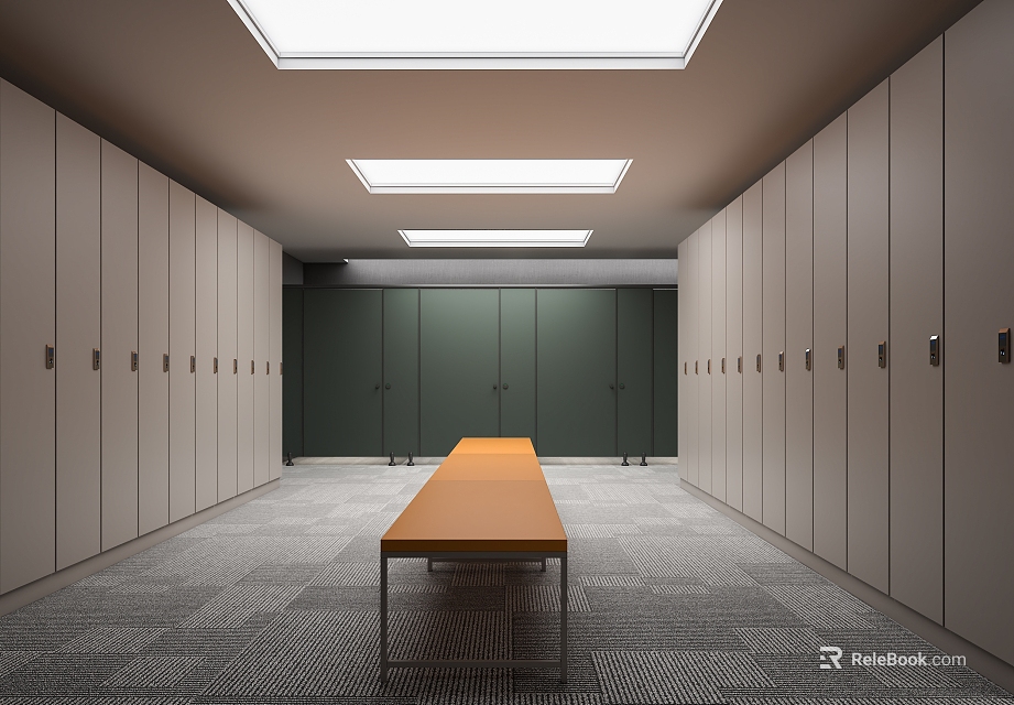 Bright Hallway With Rows Of Lockers Central Wooden Bench And Ceiling Lights 3d model 