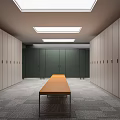 Bright Hallway With Rows Of Lockers Central Wooden Bench And Ceiling Lights