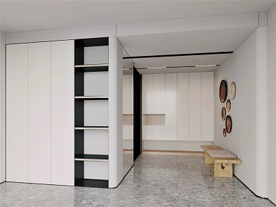 Modern Entryway Design With White Cabinets Shelves Wall Art And Bench 3d model