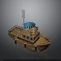 Wooden Boat Model With Blue Umbrella Deck Cabin And Flag Structure