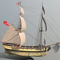 Classic Tall Sailing Ship with Multiple White Sails British Flags Red Flag and Wooden Hull