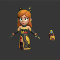 3D Animated Game Movie Character with Orange Hair Cat Ears Black Yellow Outfit and Blaster