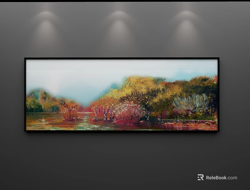 Landscape Painting With Autumn Trees Vibrant Colors And Water Reflection On Indoor Wall 3d model 
