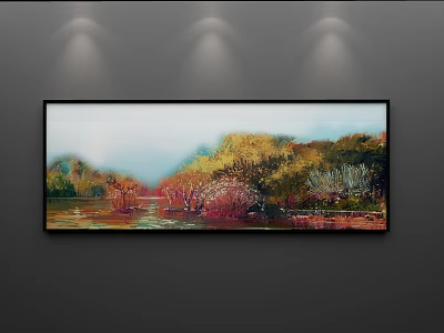 Landscape Painting With Autumn Trees Vibrant Colors And Water Reflection On Indoor Wall 3d model