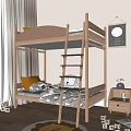 Wooden Bunk Bed In Kids Room With Ladder Mattress Side Cabinet Toys And Rug