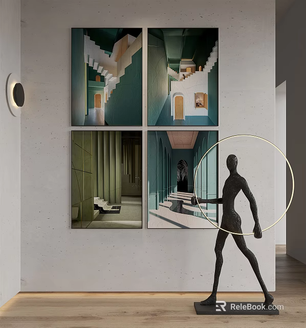 Modern Interior Decor With Green White Corridor Artworks Black Sculpture And Round Light 3d model 