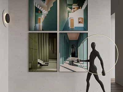 Modern Interior Decor With Green White Corridor Artworks Black Sculpture And Round Light 3d model