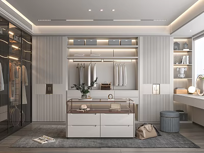 Modern Walk in Closet Design with Glass Door Cabinets Open Shelves and Central Drawer Unit 3d model