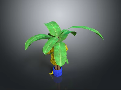 Fresh Ripe Banana and Pineapple with Green Leaves in Blue Pot 3d model