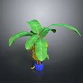 Fresh Ripe Banana and Pineapple with Green Leaves in Blue Pot