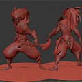 Dual Fantasy Character Design With Red Gold Armor Blue Hair Flame Effects And Combat Stance