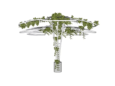 Layered Circular Pergola With Metal Frame And Green Vines Growing Around 3d model