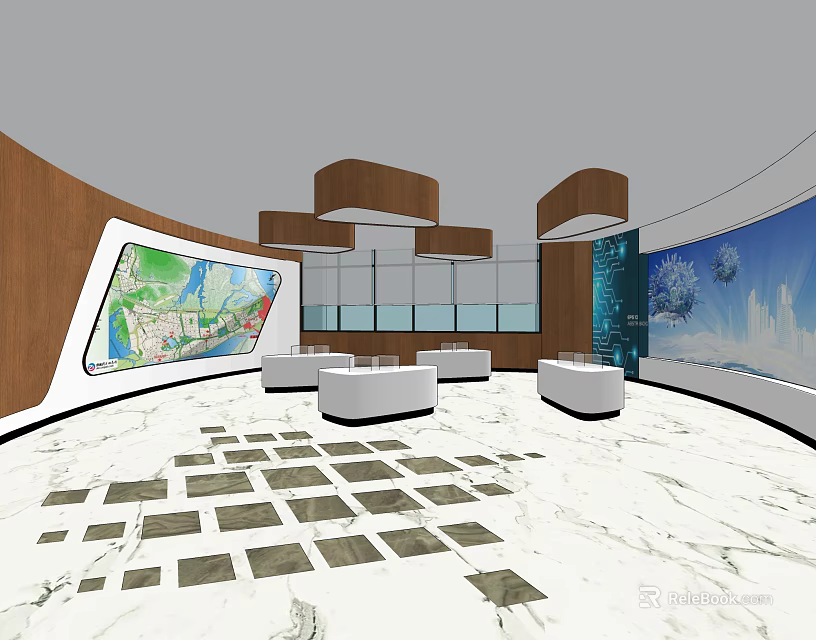 Modern Exhibition Hall Interior Design With Curved Walls Display Screens White Seats And Marble Flooring 3d model 