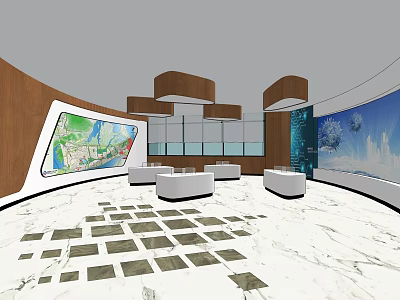 Modern Exhibition Hall Interior Design With Curved Walls Display Screens White Seats And Marble Flooring 3d model